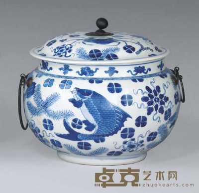 THE PORCELAIN KANGXI（1662-1722）， THE CHINESE METAL MOUNTS PROBABLY CONTEMPORARY The A BLUE AND WHITE METAL-MOUNTED’FISH’ JAR AND COVER 